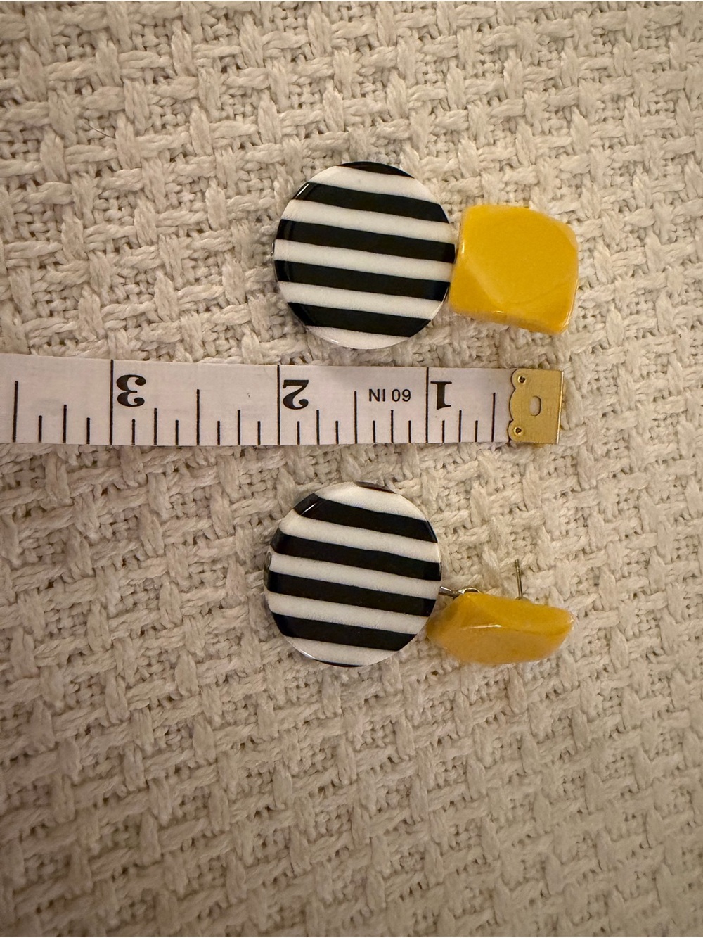 Boutique Black & White Striped Circle Earrings with Yellow Accent colorblock